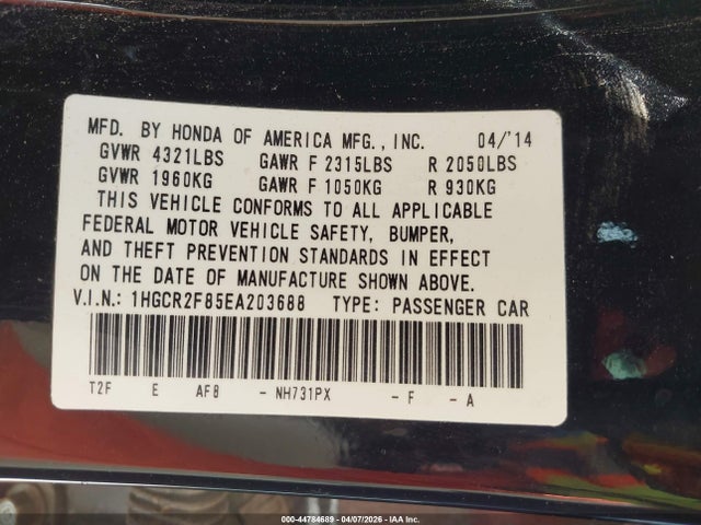 44784689 :رقم المزاد ، 1HGCR2F85EA203688 vin ، 2014 Honda Accord Ex-l مزاد بيع