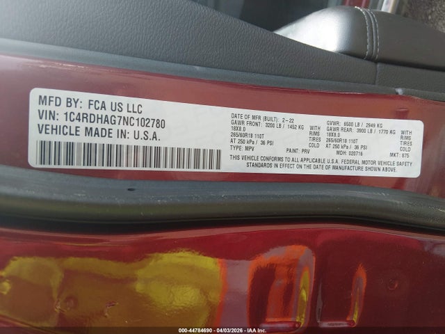 Aukcja sprzedaży 2022 Dodge Durango Sxt Rwd, vin: 1C4RDHAG7NC102780, numer aukcji: 44784690
