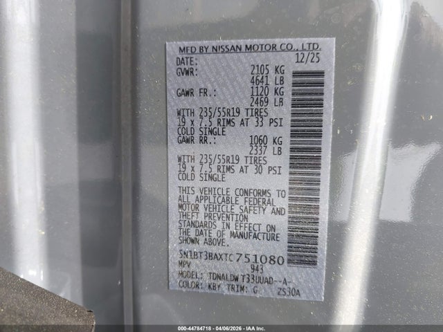 Aukcja sprzedaży 2026 Nissan Rogue Dark Armor, vin: 5N1BT3BAXTC751080, numer aukcji: 44784718