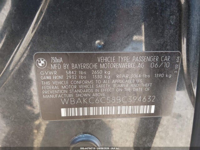 Aukcja sprzedaży 2011 Bmw 750i Xdrive, vin: WBAKC6C58BC394632, numer aukcji: 44784719