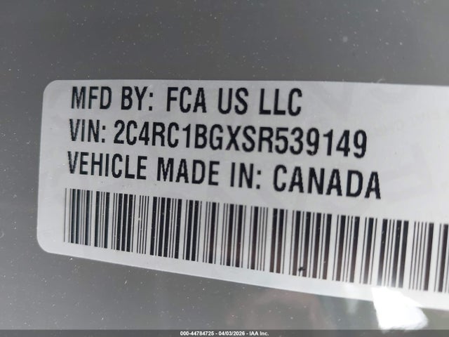 2025 Chrysler Pacifica Select მანქანა იყიდება აუქციონზე, vin: 2C4RC1BGXSR539149, აუქციონის ნომერი: 44784725