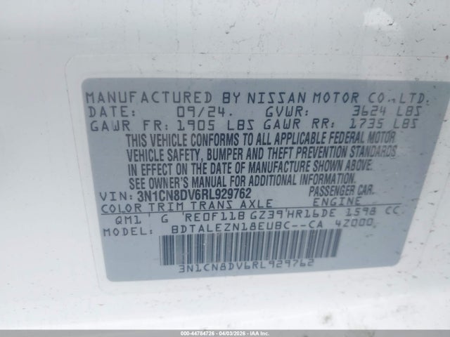 Aukcja sprzedaży 2024 Nissan Versa 1.6 S, vin: 3N1CN8DV6RL929762, numer aukcji: 44784726