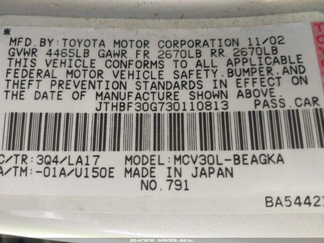 Продажа на аукционе авто 2003 Lexus Es 300, vin: JTHBF30G730110813, номер лота: 44784746
