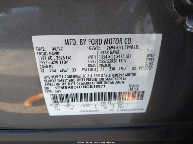 Aukcja sprzedaży 2022 Ford Explorer Xlt, vin: 1FMSK8DH7NGB16971, numer aukcji: 44784749