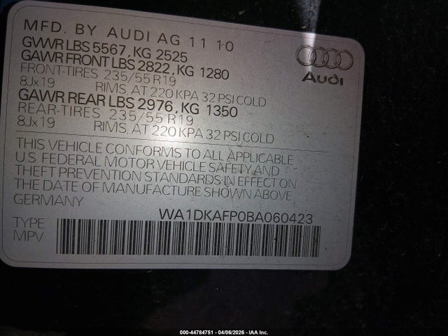 Продаж на аукціоні авто 2011 Audi Q5 3.2 Premium Plus, vin: WA1DKAFP0BA060423, номер лоту: 44784751