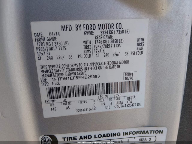 44784754 :رقم المزاد ، 1FTFW1EF5EKE29593 vin ، 2014 Ford F-150 Xl مزاد بيع
