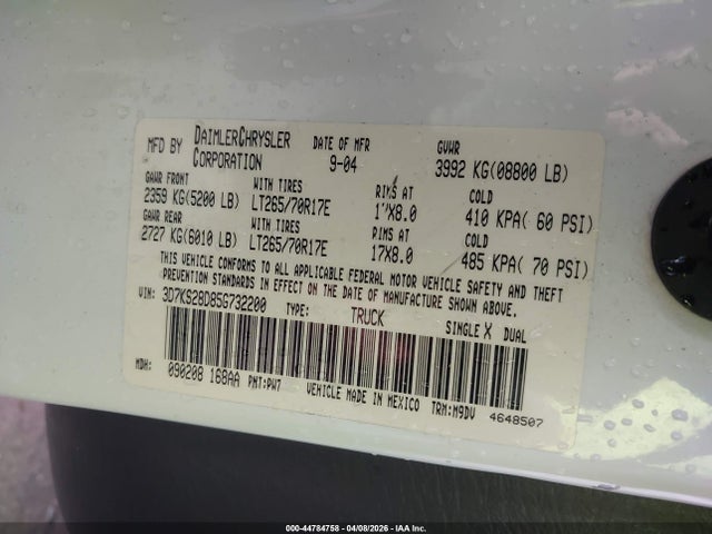 2005 Dodge Ram 2500 Slt/laramie მანქანა იყიდება აუქციონზე, vin: 3D7KS28D85G732200, აუქციონის ნომერი: 44784758