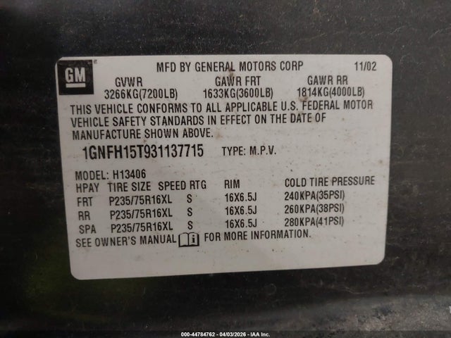 44784762 :رقم المزاد ، 1GNFH15T931137715 vin ، 2003 Chevrolet Express مزاد بيع