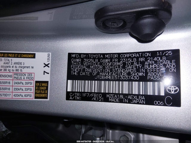 Aukcja sprzedaży 2026 Toyota Corolla Le, vin: JTDB4MEE5T3037430, numer aukcji: 44784769