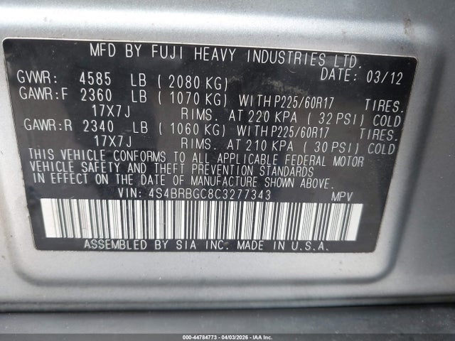 Продаж на аукціоні авто 2012 Subaru Outback 2.5i Premium, vin: 4S4BRBGC8C3277343, номер лоту: 44784773