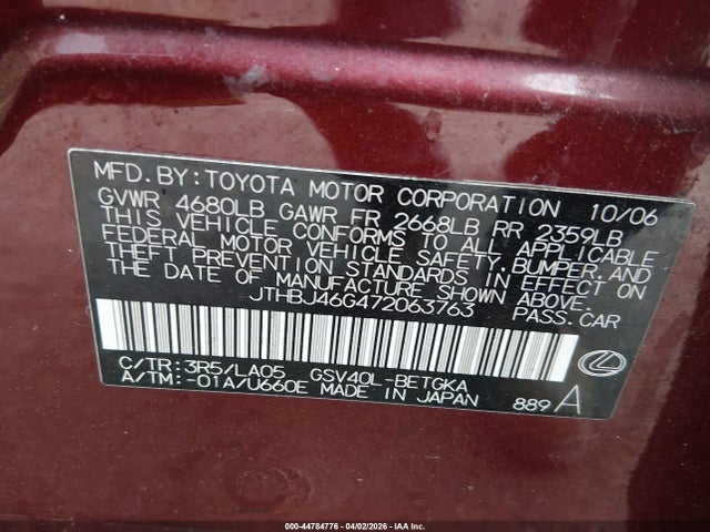44784776 :رقم المزاد ، JTHBJ46G472063763 vin ، 2007 Lexus Es 350 مزاد بيع