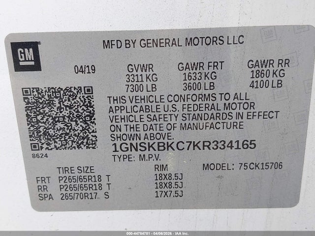 2019 Chevrolet Tahoe Lt მანქანა იყიდება აუქციონზე, vin: 1GNSKBKC7KR334165, აუქციონის ნომერი: 44784781