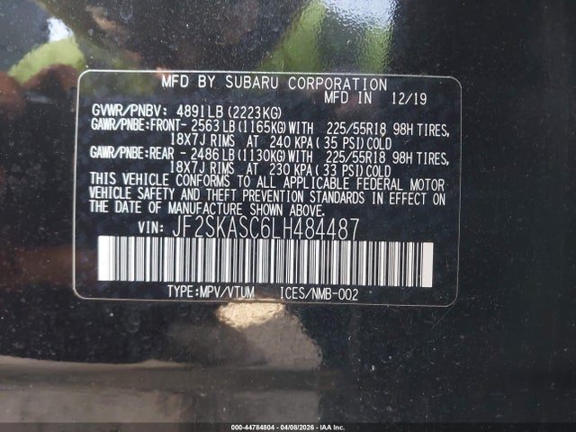 Продажа на аукционе авто 2020 Subaru Forester Limited, vin: JF2SKASC6LH484487, номер лота: 44784804