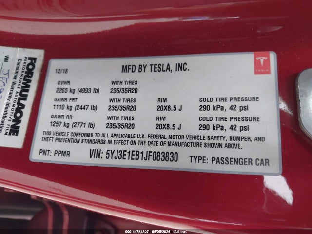 2018 Tesla Model 3 Long Range/performance მანქანა იყიდება აუქციონზე, vin: 5YJ3E1EB1JF083830, აუქციონის ნომერი: 44784807