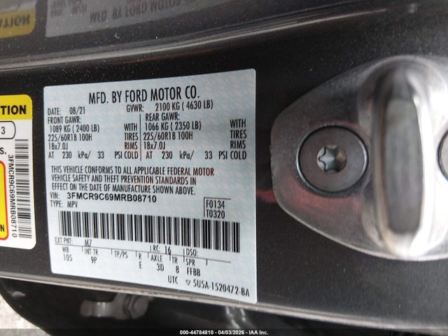 44784810 :رقم المزاد ، 3FMCR9C69MRB08710 vin ، 2021 Ford Bronco Sport Outer Banks مزاد بيع