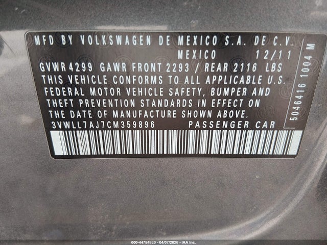 44784830 :رقم المزاد ، 3VWLL7AJ7CM359896 vin ، 2012 Volkswagen Jetta 2.0l Tdi مزاد بيع