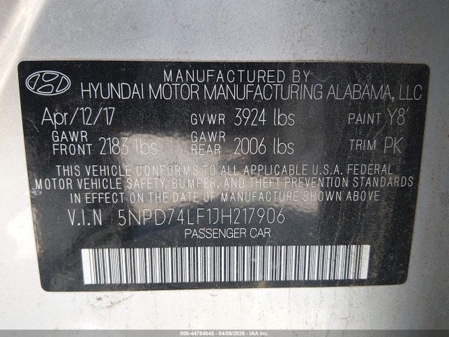 5NPD74LF1JH217906 Hyundai ELANTRA SE