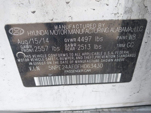 2015 Hyundai Sonata Se მანქანა იყიდება აუქციონზე, vin: 5NPE24AF0FH063430, აუქციონის ნომერი: 44784847