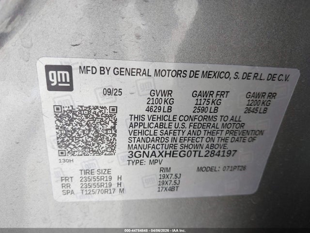 Aukcja sprzedaży 2026 Chevrolet Equinox Fwd Lt, vin: 3GNAXHEG0TL284197, numer aukcji: 44784848