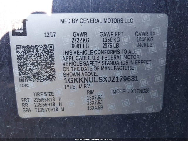 44784856 :رقم المزاد ، 1GKKNULSXJZ179681 vin ، 2018 Gmc Acadia Slt-1 مزاد بيع