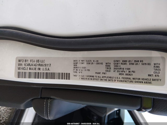 Aukcja sprzedaży 2024 Jeep Grand Cherokee L Altitude X 4x4, vin: 1C4RJKAG1R8626117, numer aukcji: 44784867