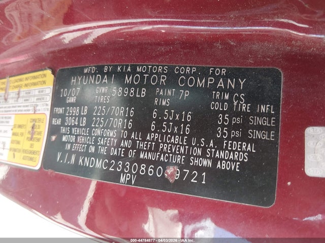 2008 Hyundai Entourage Gls/limited მანქანა იყიდება აუქციონზე, vin: KNDMC233086049721, აუქციონის ნომერი: 44784877
