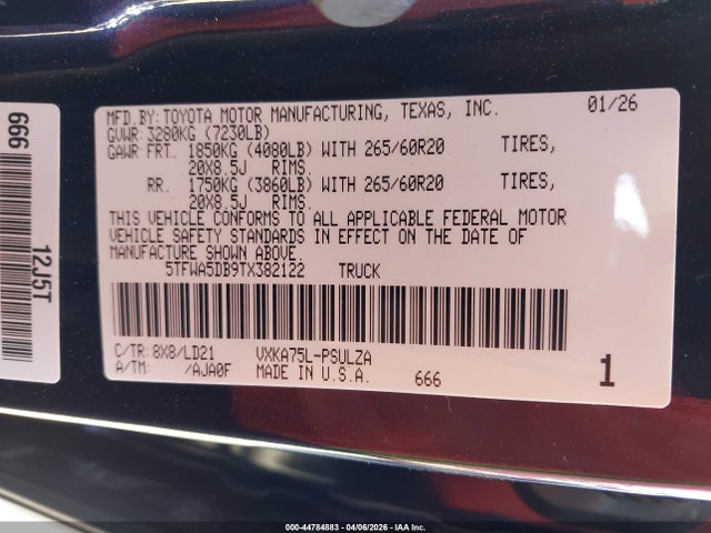 44784883 :رقم المزاد ، 5TFWA5DB9TX382122 vin ، 2026 Toyota Tundra Limited Crewmax 5.5' Bed مزاد بيع