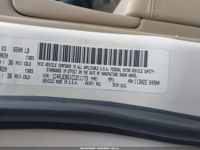44784885 :رقم المزاد ، 1C4RJEBG1CC211173 vin ، 2012 Jeep Grand Cherokee Limited مزاد بيع