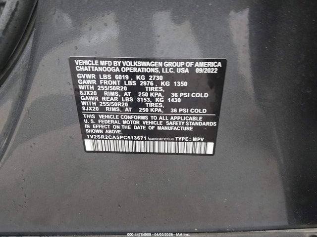 44784909 :رقم المزاد ، 1V2SR2CA5PC513671 vin ، 2023 Volkswagen Atlas 3.6l V6 Sel R-line Black مزاد بيع