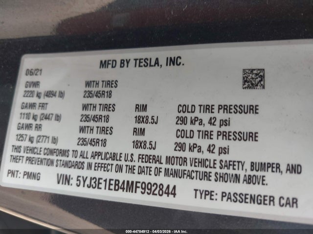 Aukcja sprzedaży 2021 Tesla Model 3 Long Range Dual Motor All-wheel Drive, vin: 5YJ3E1EB4MF992844, numer aukcji: 44784912