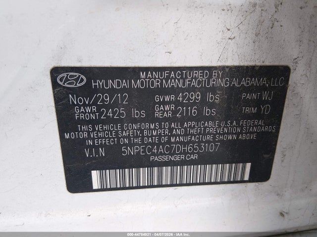 2013 Hyundai Sonata Limited მანქანა იყიდება აუქციონზე, vin: 5NPEC4AC7DH653107, აუქციონის ნომერი: 44784921