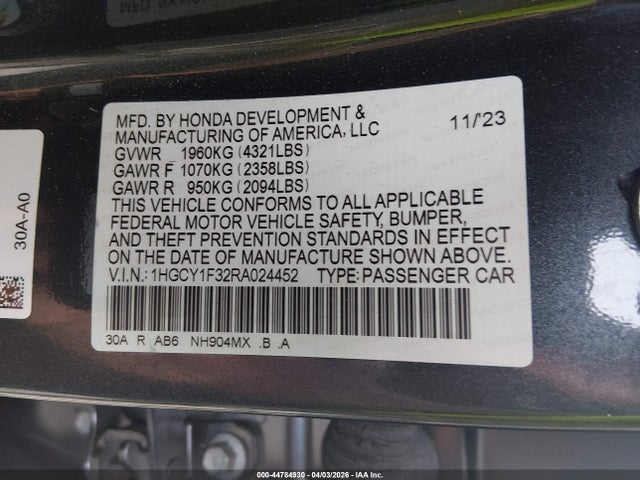 2024 Honda Accord Ex მანქანა იყიდება აუქციონზე, vin: 1HGCY1F32RA024452, აუქციონის ნომერი: 44784930
