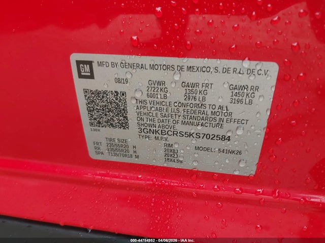 Aukcja sprzedaży 2019 Chevrolet Blazer, vin: 3GNKBCRS5KS702584, numer aukcji: 44784952