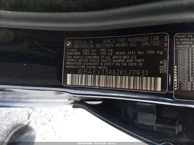 44784959 :رقم المزاد ، WBAEV33462KL77931 vin ، 2002 Bmw 325i مزاد بيع