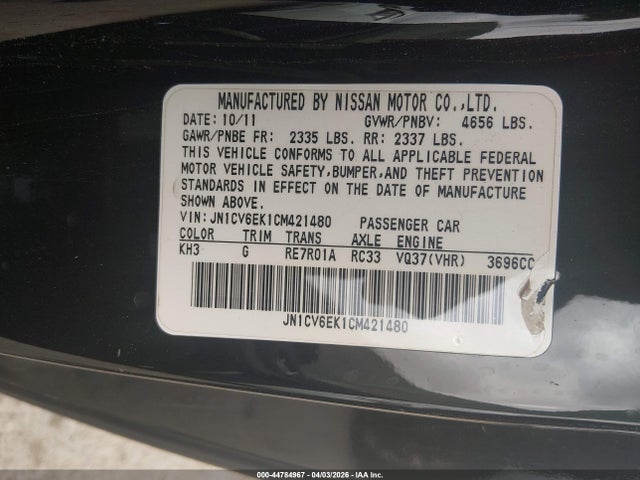 44784967 :رقم المزاد ، JN1CV6EK1CM421480 vin ، 2012 Infiniti G37 Journey مزاد بيع