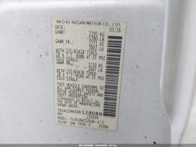 Aukcja sprzedaży 2016 Nissan Murano Sl, vin: 5N1AZ2MH2GN128089, numer aukcji: 44784982