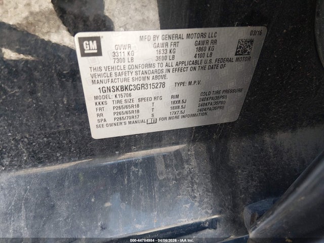 Aukcja sprzedaży 2016 Chevrolet Tahoe Lt, vin: 1GNSKBKC3GR315278, numer aukcji: 44784984