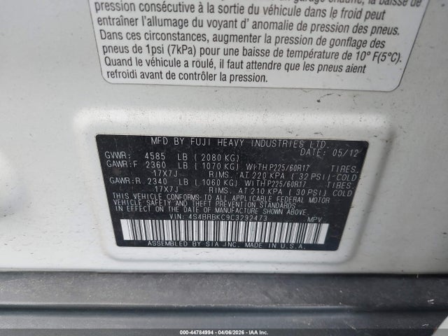 Aukcja sprzedaży 2012 Subaru Outback 2.5i Limited, vin: 4S4BRBKC9C3292473, numer aukcji: 44784994