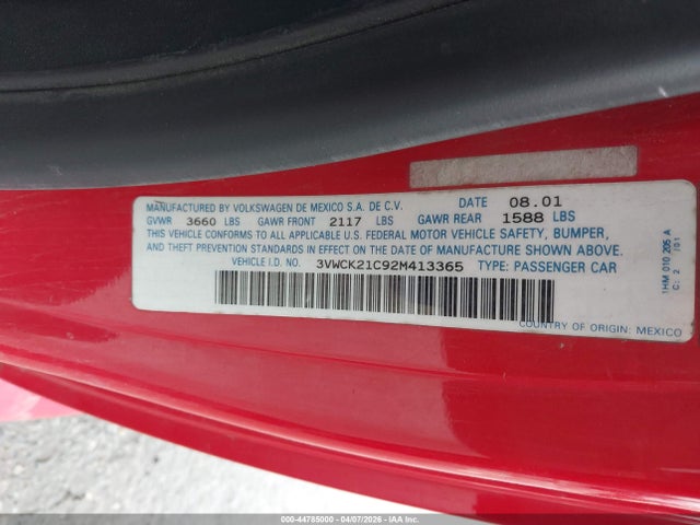 Aukcja sprzedaży 2002 Volkswagen New Beetle Gls, vin: 3VWCK21C92M413365, numer aukcji: 44785000
