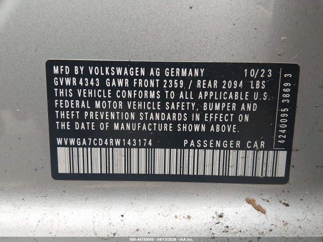 2024 Volkswagen Golf Gti 2.0t S მანქანა იყიდება აუქციონზე, vin: WVWGA7CD4RW143174, აუქციონის ნომერი: 44785005