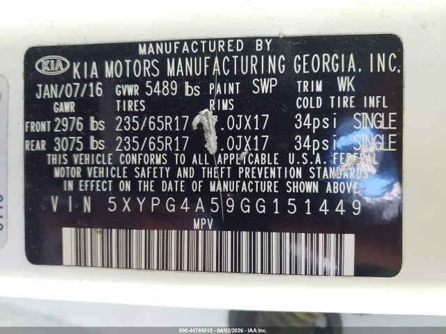 5XYPG4A59GG151449 KIA Sorento 3.3l Lx