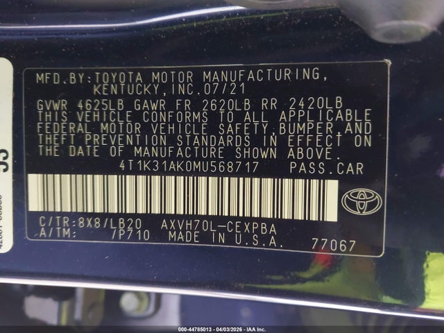 2021 TOYOTA CAMRY 4T1K31AK0MU568717 Photo 8