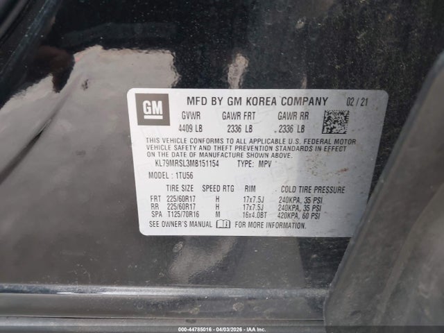 2021 Chevrolet Trailblazer Awd Lt მანქანა იყიდება აუქციონზე, vin: KL79MRSL3MB151154, აუქციონის ნომერი: 44785016