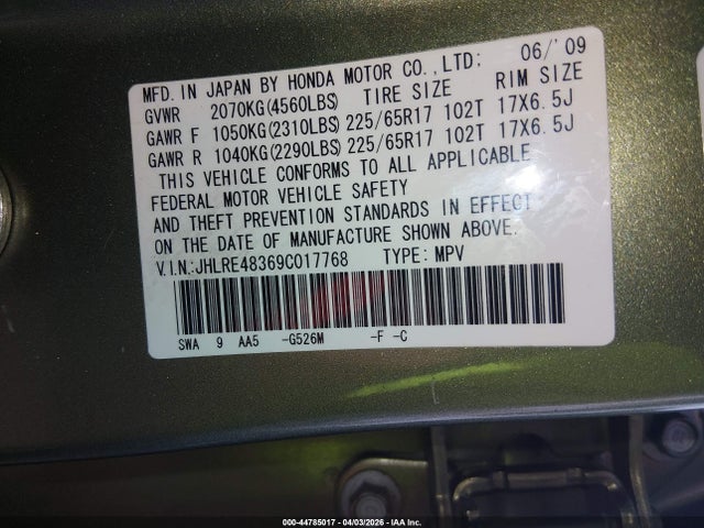 Продаж на аукціоні авто 2009 Honda Cr-v Lx, vin: JHLRE48369C017768, номер лоту: 44785017