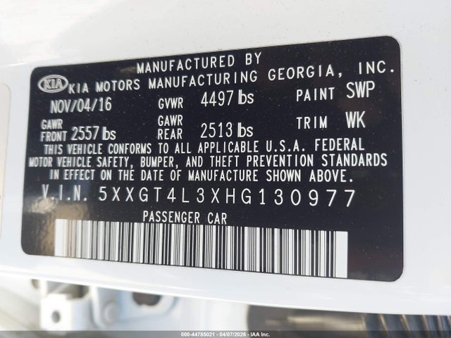 Продажа на аукционе авто 2017 Kia Optima Lx, vin: 5XXGT4L3XHG130977, номер лота: 44785021