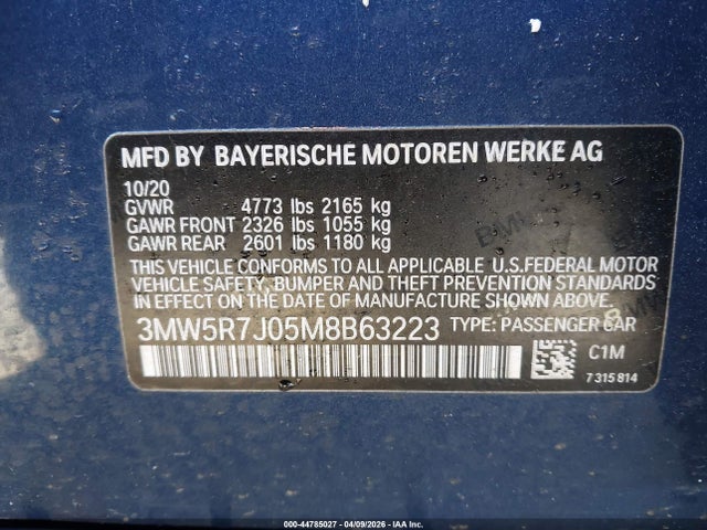 44785027 :رقم المزاد ، 3MW5R7J05M8B63223 vin ، 2021 Bmw 330i Xdrive مزاد بيع