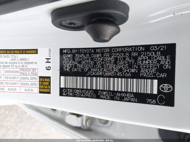 JTDKAMFU6M3145166 Toyota PRIUS XLE