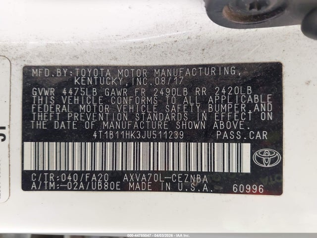 4T1B11HK3JU511239 Toyota CAMRY LE