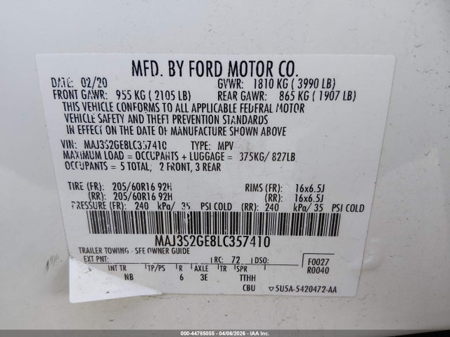 Aukcja sprzedaży 2020 Ford Ecosport Se, vin: MAJ3S2GE8LC357410, numer aukcji: 44785055
