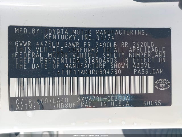 2024 Toyota Camry Xle მანქანა იყიდება აუქციონზე, vin: 4T1F11AK8RU894280, აუქციონის ნომერი: 44785058